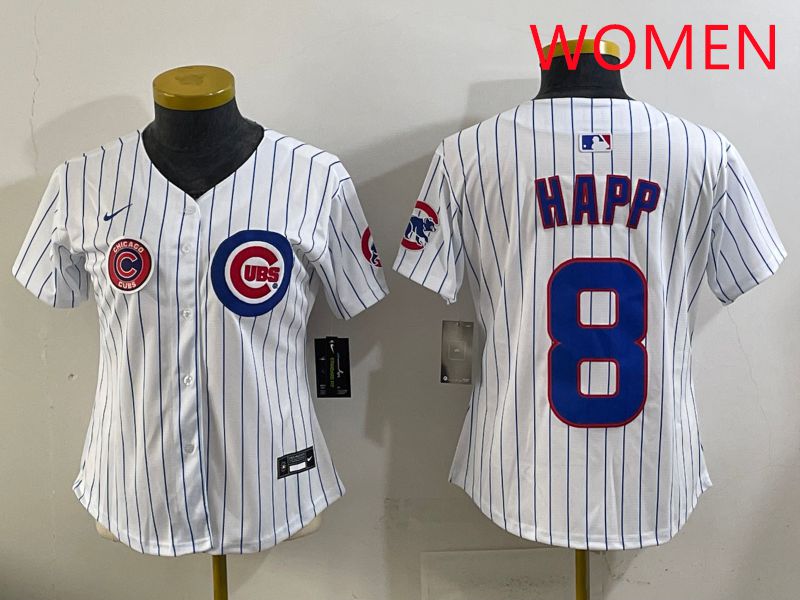Women 2025 Chicago Cubs 8 Happ White Stripe Game Nike MLB Jersey style 7